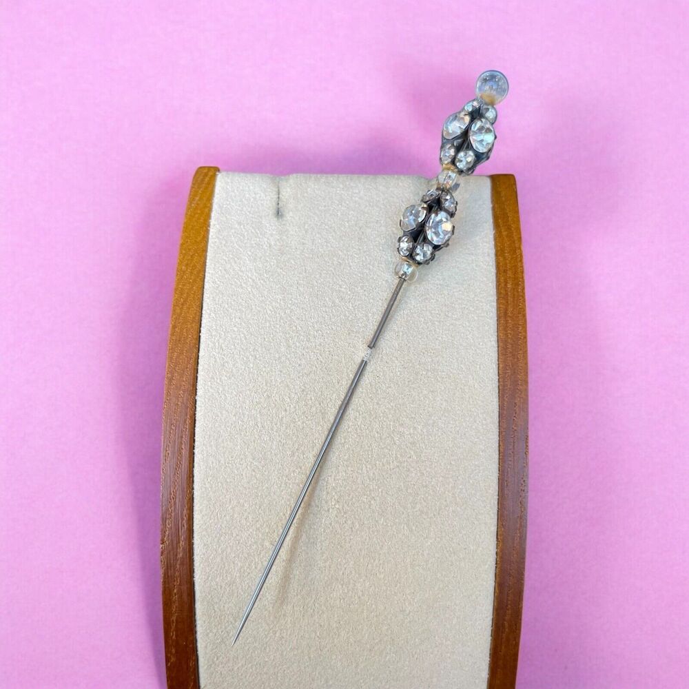 Antique Victorian Paste Rhinestone Double Sphere Vintage 4” Stick Hat Pin READ